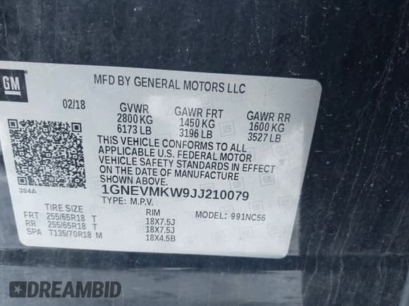 ✅ 2018 Chevrolet Traverse LT Cloth • VIN: 1GNEVMKW9JJ210079 • Lot: 41548733. Wystawiony na IAAI z przebiegiem 106 698 mil. Bezpłatny archiwum sprzedaży aukcyjnych z USA i szczegółowy raport historii pojazdu na DreamBid. Zdjęcie 9.