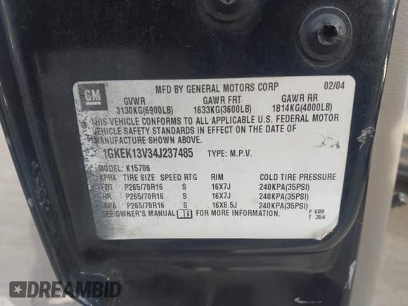 ✅ 2004 GMC Yukon SLE • VIN: 1GKEK13V34J237485 • Lot: 43735772. Wystawiony na IAAI z przebiegiem 203 693 mil. Bezpłatny archiwum sprzedaży aukcyjnych z USA i szczegółowy raport historii pojazdu na DreamBid. Zdjęcie 9.