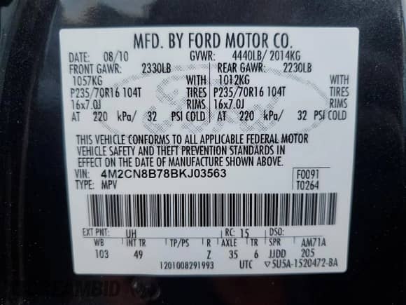 2011 Mercury Mariner с VIN 4M2CN8B78BKJ03563, выставлен на аукционе Copart как лот 90865275 с пробегом 84 082 миль миль и Списание • Salvage title. История ставок и продаж доступна на DreamBid. Изображение 13.