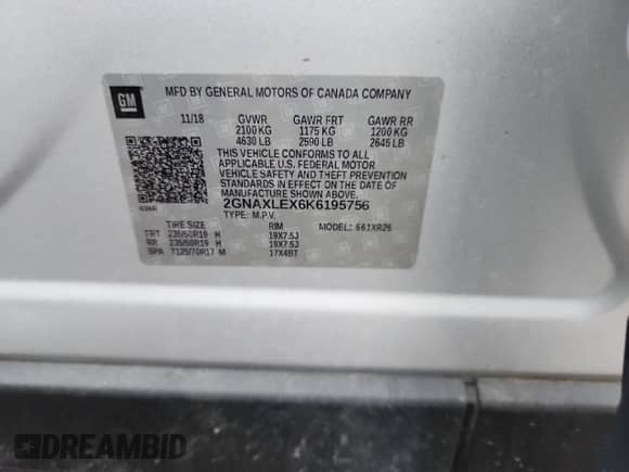 2019 Chevrolet Equinox LT с VIN 2GNAXLEX6K6195756, выставлен на аукционе Copart как лот 82273695 с пробегом 88 999 миль миль и Списание • Salvage title. История ставок и продаж доступна на DreamBid. Изображение 13.