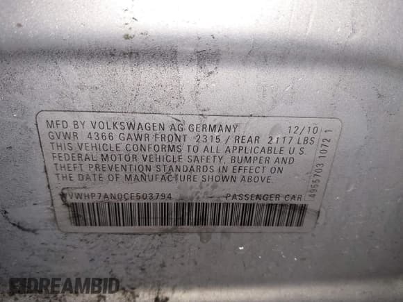 ✅ 2012 Volkswagen CC Lux • VIN: WVWHP7AN0CE503794 • Lot: 41259442. Listed on IAAI with 105,738 mi. Free auction sales archive from the USA and detailed vehicle history report at DreamBid. Image 9.