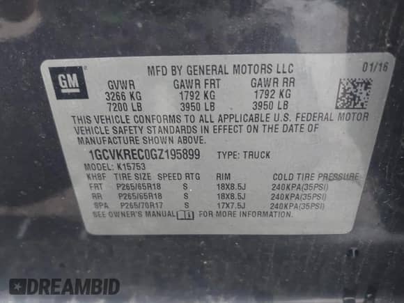 2016 Chevrolet Silverado 1500 LT with VIN 1GCVKREC0GZ195899, listed as a IAAI auction lot 43356968 with 225,032 mi miles and . Bid and sale history available at DreamBid. Image 9.