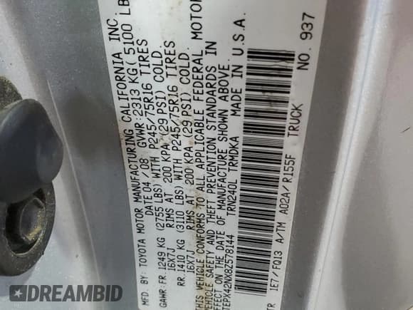 ✅ 2008 Toyota Tacoma • VIN: 5TEPX42NX8Z578144 • Lot: 70310015. Wystawiony na Copart z przebiegiem 146 350 mil. Bezpłatny archiwum sprzedaży aukcyjnych z USA i szczegółowy raport historii pojazdu na DreamBid. Zdjęcie 12.