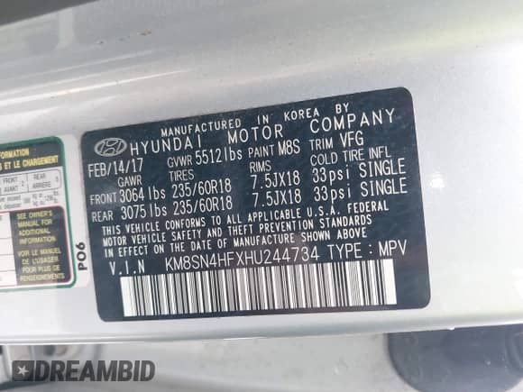 2017 Hyundai Santa Fe SE с VIN KM8SN4HFXHU244734, выставлен на аукционе IAAI как лот 43323823 с пробегом 103 000 миль миль и . История ставок и продаж доступна на DreamBid. Изображение 9.