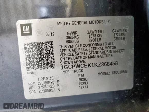 2019 Chevrolet Silverado 1500 LT с VIN 1GCPWCEK1KZ366458, выставлен на аукционе Copart как лот 61998745 с пробегом 74 891 миль миль и Списание • Salvage title. История ставок и продаж доступна на DreamBid. Изображение 13.