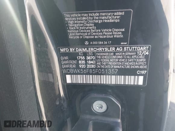 ✅ 2005 Mercedes-Benz SLK 230/320 • VIN: WDBWK56F85F051357 • Lot: 42298379. Listed on IAAI with 50,038 mi. Free auction sales archive from the USA and detailed vehicle history report at DreamBid. Image 9.