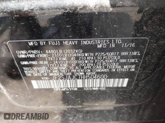 2017 Subaru Forester Limited with VIN JF2SJAJC7HH504600, listed as a IAAI auction lot 42492890 with 130,925 mi miles and . Bid and sale history available at DreamBid. Image 9.