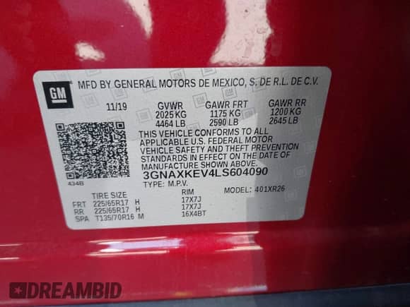 2020 Chevrolet Equinox LT with VIN 3GNAXKEV4LS604090, listed as a IAAI auction lot 43357539 with 60,219 mi miles and . Bid and sale history available at DreamBid. Image 9.