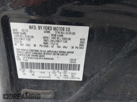 ✅ 2015 Ford F-150 XLT • VIN: 1FTEW1C81FFA59026 • Lot: 43851815. Listed on IAAI with 126,614 mi. Free auction sales archive from the USA and detailed vehicle history report at DreamBid. Image 9.