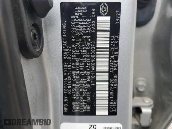 2022 Toyota Camry SE с VIN 4T1G11AK0NU038373, выставлен на аукционе Copart как лот 85390885 с пробегом 83 666 миль миль и Списание • Salvage title. История ставок и продаж доступна на DreamBid. Изображение 12.