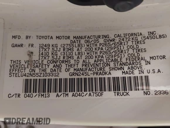 ✅ 2005 Toyota Tacoma • VIN: 5TELU42N55Z103312 • Lot: 41425609. Listed on IAAI with 303,201 mi. Free auction sales archive from the USA and detailed vehicle history report at DreamBid. Image 9.