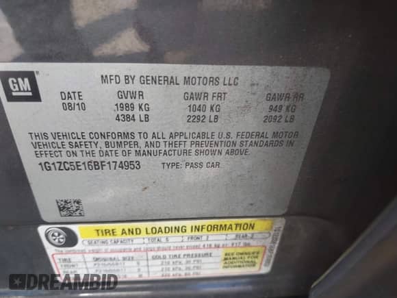 2011 Chevrolet Malibu 1LT z VIN 1G1ZC5E16BF174953, wystawiony jako IAAI lot #43185419 z przebiegiem 172 505 mil mil oraz . Historia ofert i sprzedaży dostępna na DreamBid. Obrazek 9.