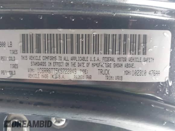 2019 Ram 1500 Big Horn with VIN 1C6RR6TT5KS722049, listed as a IAAI auction lot 43391541 with 92,160 mi miles and . Bid and sale history available at DreamBid. Image 9.