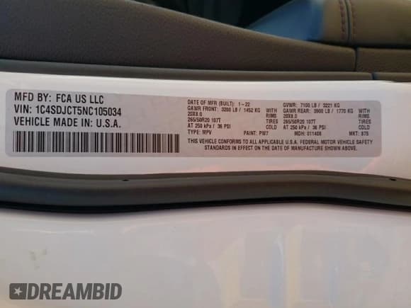 ✅ 2022 Dodge Durango R/T Plus • VIN: 1C4SDJCT5NC105034 • Lot: 66009615. Listed on Copart with 84,626 mi. Free auction sales archive from the USA and detailed vehicle history report at DreamBid. Image 14.