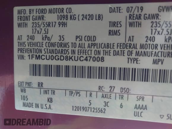 ✅ 2019 Ford Escape SE • VIN: 1FMCU0GD8KUC47008 • Lot: 43550142. Wystawiony na IAAI z przebiegiem 93 298 mil. Bezpłatny archiwum sprzedaży aukcyjnych z USA i szczegółowy raport historii pojazdu na DreamBid. Zdjęcie 9.