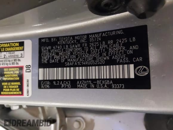 ✅ 2024 Lexus ES 300h Ultra Luxury • VIN: 58AFA1C14RU052520 • Lot: 43742270. Listed on IAAI with 14,582 mi. Free auction sales archive from the USA and detailed vehicle history report at DreamBid. Image 9.