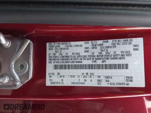 ✅ 2015 Ford Escape Titanium • VIN: 1FMCU9J90FUB74988 • Lot: 43561618. Listed on IAAI with 93,694 mi. Free auction sales archive from the USA and detailed vehicle history report at DreamBid. Image 9.