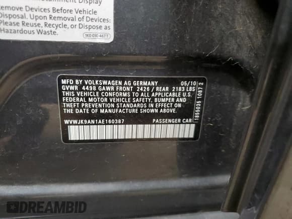 ✅ 2010 Volkswagen Passat • VIN: WVWJK9AN1AE160387 • Лот: 76889324. Опубликован ранее на Copart с пробегом 140 570 миль. Бесплатный доступ к архиву аукционных продаж из США и подробный отчёт об истории автомобиля на DreamBid. Изображение 12.