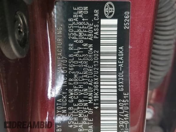 ✅ 2007 Toyota Avalon XLS • VIN: 4T1BK36BX7U213002 • Lot: 44197685. Listed on Copart with 216,972 mi. Free auction sales archive from the USA and detailed vehicle history report at DreamBid. Image 12.