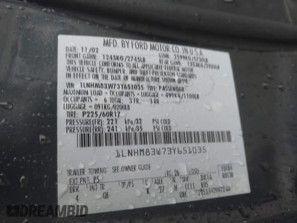 ✅ 2003 Lincoln Town Car Cartier • VIN: 1LNHM83W73Y651035 • Lot: 43579973. Listed on IAAI with 244,866 mi. Free auction sales archive from the USA and detailed vehicle history report at DreamBid. Image 9.