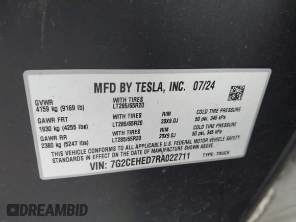 ✅ 2024 Tesla Cybertruck • VIN: 7G2CEHED7RA022711 • Lot: 42437523. Listed on IAAI with 11,626 mi. Free auction sales archive from the USA and detailed vehicle history report at DreamBid. Image 9.