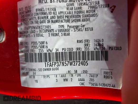 ✅ 2007 Ford Focus S • VIN: 1FAFP37N57W272405 • Лот: 43556499. Опубликован ранее на IAAI с пробегом 66 794 миль. Бесплатный доступ к архиву аукционных продаж из США и подробный отчёт об истории автомобиля на DreamBid. Изображение 9.