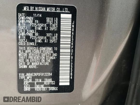 ✅ 2015 Nissan Quest S • VIN: JN8AE2KP0F9122264 • Lot: 72056475. Listed on Copart with 193,689 mi. Free auction sales archive from the USA and detailed vehicle history report at DreamBid. Image 13.