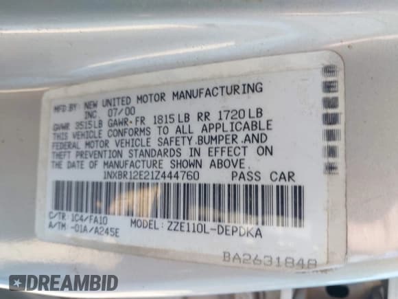 ✅ 2001 Toyota Corolla CE • VIN: 1NXBR12E21Z444760 • Lot: 43253079. Listed on IAAI with Not provided. Free auction sales archive from the USA and detailed vehicle history report at DreamBid. Image 9.