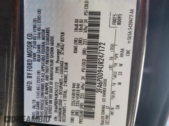 ✅ 2018 Ford Fusion Titanium • VIN: 3FA6P0D94JR247172 • Lot: 68522135. Wystawiony na Copart z przebiegiem Nie podano. Bezpłatny archiwum sprzedaży aukcyjnych z USA i szczegółowy raport historii pojazdu na DreamBid. Zdjęcie 13.