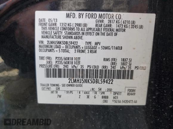 ✅ 2013 Lincoln MKT • VIN: 2LMHJ5NK5DBL59422 • Lot: 56723325. Wystawiony na Copart z przebiegiem 241 792 mil. Bezpłatny archiwum sprzedaży aukcyjnych z USA i szczegółowy raport historii pojazdu na DreamBid. Zdjęcie 13.