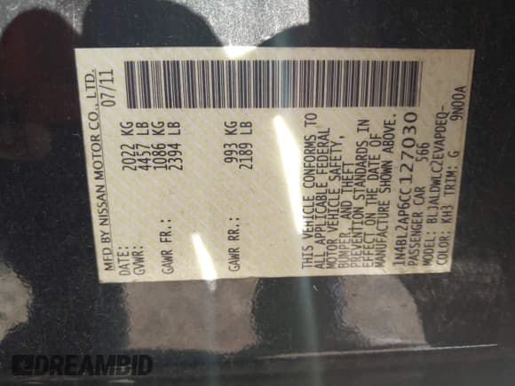 ✅ 2012 Nissan Altima SR • VIN: 1N4BL2AP6CC127030 • Lot: 43473099. Listed on IAAI with 134,920 mi. Free auction sales archive from the USA and detailed vehicle history report at DreamBid. Image 9.