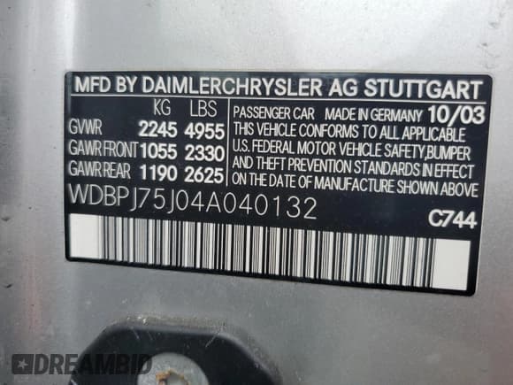 ✅ 2004 Mercedes-Benz CL 500/600 • VIN: WDBPJ75J04A040132 • Lot: 61969335. Wystawiony na Copart z przebiegiem Nie podano. Bezpłatny archiwum sprzedaży aukcyjnych z USA i szczegółowy raport historii pojazdu na DreamBid. Zdjęcie 12.