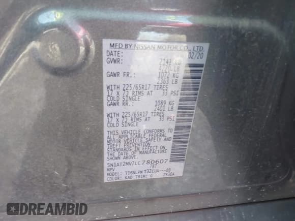 ✅ 2020 Nissan Rogue SL • VIN: 5N1AT2MV7LC780607 • Лот: 42515424. Опубликован ранее на IAAI с пробегом 106 566 миль. Бесплатный доступ к архиву аукционных продаж из США и подробный отчёт об истории автомобиля на DreamBid. Изображение 9.