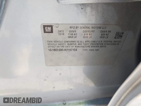 ✅ 2017 Chevrolet Cruze LT • VIN: 1G1BE5SM7H7197154 • Lot: 43555610. Listed on IAAI with 120,177 mi. Free auction sales archive from the USA and detailed vehicle history report at DreamBid. Image 9.