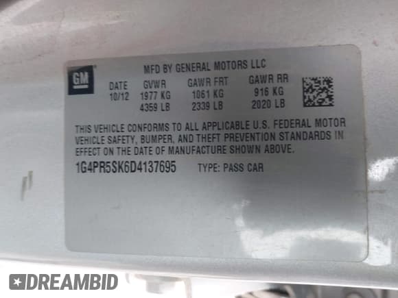 ✅ 2013 Buick Verano Convenience Group • VIN: 1G4PR5SK6D4137695 • Lot: 43809253. Wystawiony na IAAI z przebiegiem 171 853 mil. Bezpłatny archiwum sprzedaży aukcyjnych z USA i szczegółowy raport historii pojazdu na DreamBid. Zdjęcie 9.