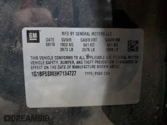 ✅ 2017 Chevrolet Cruze Premier • VIN: 1G1BF5SM3H7134727 • Lot: 91328665. Listed on Copart with 123,158 mi. Free auction sales archive from the USA and detailed vehicle history report at DreamBid. Image 12.