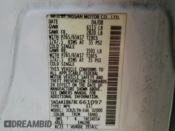 ✅ 2008 Nissan Pathfinder SE • VIN: 5N1AR18B78C661097 • Lot: 80080865. Listed on Copart with 162,621 mi. Free auction sales archive from the USA and detailed vehicle history report at DreamBid. Image 13.