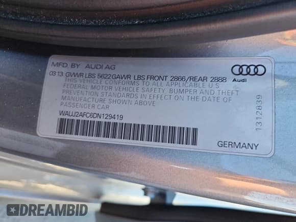 ✅ 2013 Audi S6 Prestige • VIN: WAUJ2AFC6DN129419 • Lot: 84406015. Listed on Copart with Not provided. Free auction sales archive from the USA and detailed vehicle history report at DreamBid. Image 12.