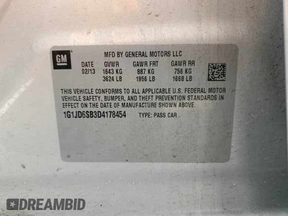 2013 Chevrolet Sonic LT с VIN 1G1JD6SB3D4178454, выставлен на аукционе Copart как лот 55674475 с пробегом 203 723 миль миль и Списание • Salvage title. История ставок и продаж доступна на DreamBid. Изображение 13.