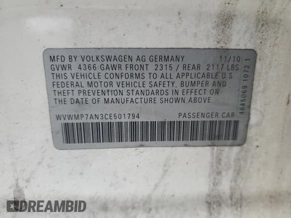 ✅ 2012 Volkswagen CC Sport • VIN: WVWMP7AN3CE501794 • Lot: 87208175. Listed on Copart with 93,439 mi. Free auction sales archive from the USA and detailed vehicle history report at DreamBid. Image 12.