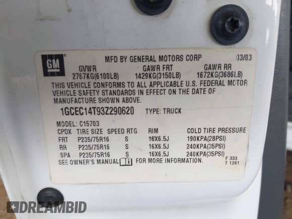 2003 Chevrolet Silverado 1500 LS z VIN 1GCEC14T93Z290620, wystawiony jako IAAI lot #43064697 z przebiegiem 172 198 mil mil oraz . Historia ofert i sprzedaży dostępna na DreamBid. Obrazek 9.