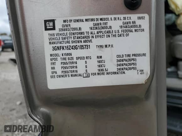 2003 Chevrolet Suburban LT с VIN 3GNFK16Z43G105731, выставлен на аукционе Copart как лот 80992164 с пробегом 131 506 миль миль и Списание • Salvage title. История ставок и продаж доступна на DreamBid. Изображение 15.