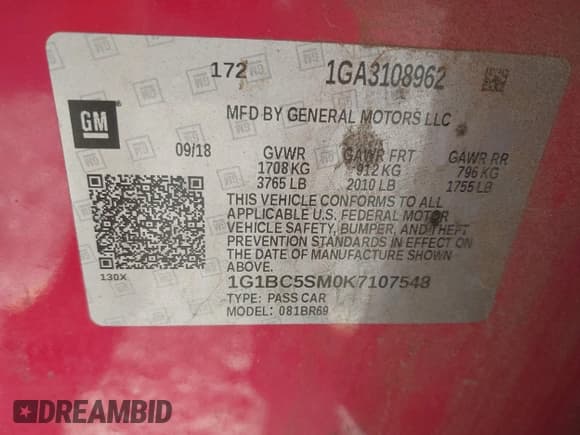 ✅ 2019 Chevrolet Cruze LS • VIN: 1G1BC5SM0K7107548 • Lot: 43170884. Listed on IAAI with 96,864 mi. Free auction sales archive from the USA and detailed vehicle history report at DreamBid. Image 9.