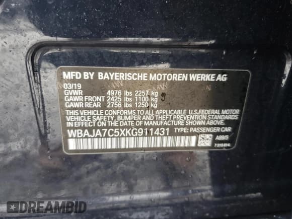 ✅ 2019 BMW 5 Series 530i xDrive • VIN: WBAJA7C5XKG911431 • Lot: 43755815. Listed on Copart with 71,593 mi. Free auction sales archive from the USA and detailed vehicle history report at DreamBid. Image 12.