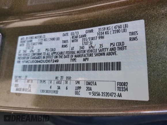 ✅ 2013 Ford Escape SE • VIN: 1FMCU0G94DUD07249 • Lot: 96500705. Wystawiony na Copart z przebiegiem 107 683 mil. Bezpłatny archiwum sprzedaży aukcyjnych z USA i szczegółowy raport historii pojazdu na DreamBid. Zdjęcie 13.