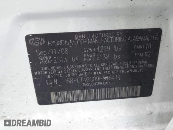 ✅ 2009 Hyundai Sonata GLS • VIN: 5NPET46C09H516414 • Lot: 43578939. Listed on IAAI with 149,240 mi. Free auction sales archive from the USA and detailed vehicle history report at DreamBid. Image 9.