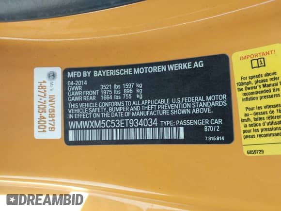 2014 MINI Hardtop with VIN WMWXM5C53ET934034, listed as a IAAI auction lot 42375051 with 73,046 mi miles and . Bid and sale history available at DreamBid. Image 9.