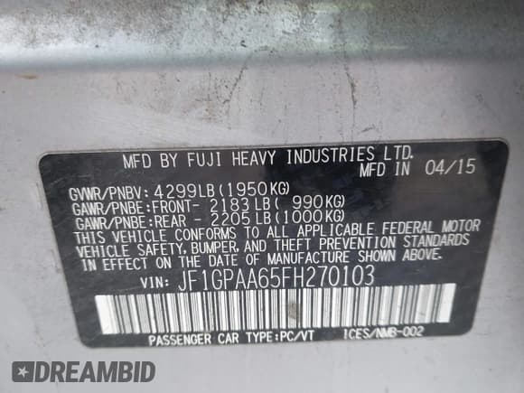 ✅ 2015 Subaru Impreza 2.0i • VIN: JF1GPAA65FH270103 • Lot: 43801318. Wystawiony na IAAI z przebiegiem 97 217 mil. Bezpłatny archiwum sprzedaży aukcyjnych z USA i szczegółowy raport historii pojazdu na DreamBid. Zdjęcie 9.