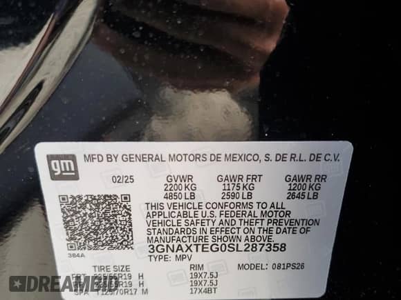 2025 Chevrolet Equinox AWD RS с VIN 3GNAXTEG0SL287358, выставлен на аукционе Copart как лот 53403795 с пробегом 11 миль миль и Чистый • Clean title. История ставок и продаж доступна на DreamBid. Изображение 12.