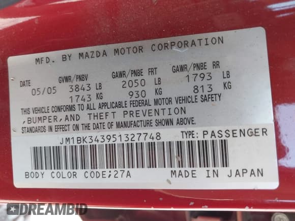 ✅ 2005 Mazda 3 s • VIN: JM1BK343951327748 • Lot: 43096928. Listed on IAAI with 290,589 mi. Free auction sales archive from the USA and detailed vehicle history report at DreamBid. Image 9.